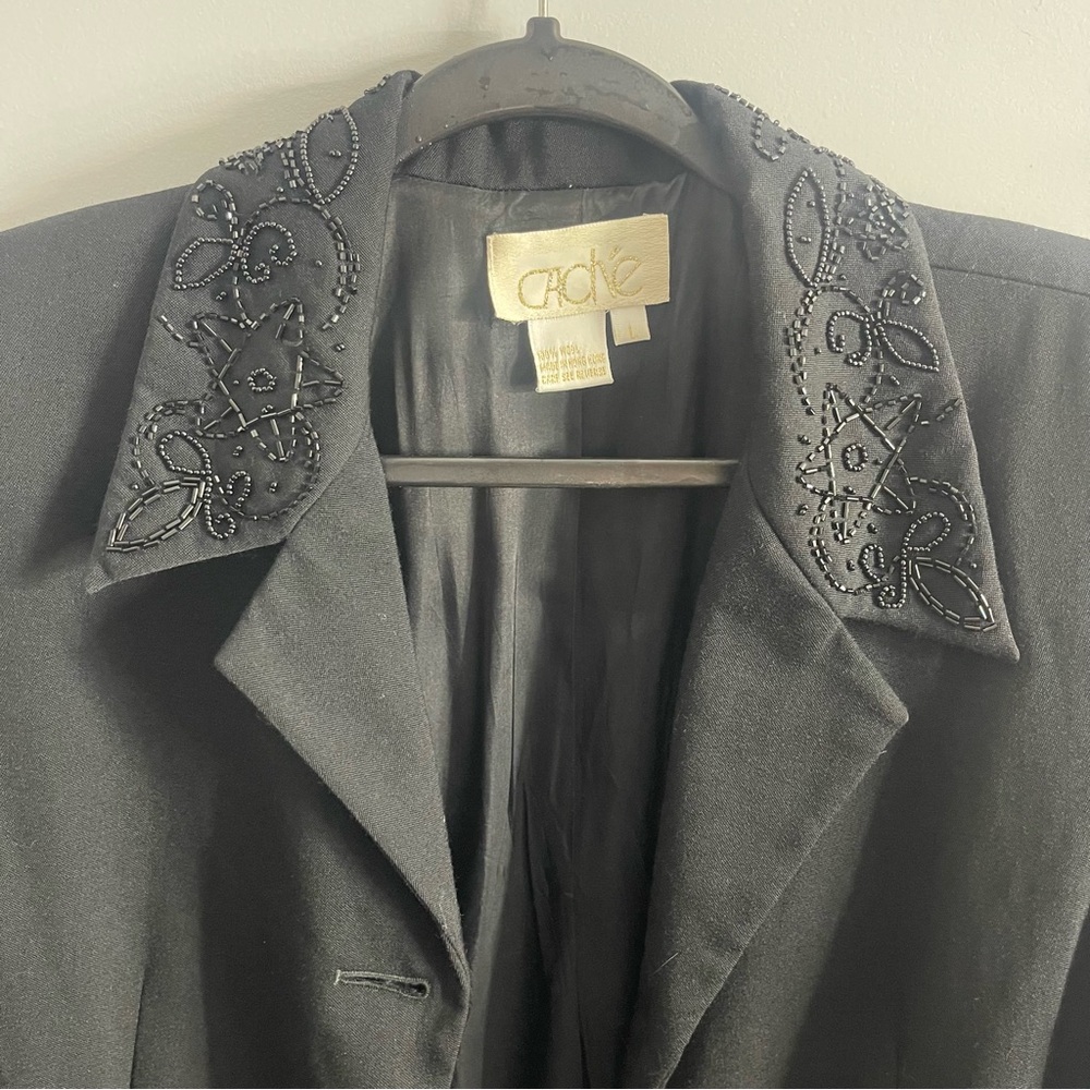 100% Wool Vintage Cache Black Beaded Blazer Large